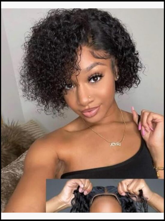 Short Curly Pixie Cut Wig with Bangs Human Hair Glueless Bob Wig Full Machine